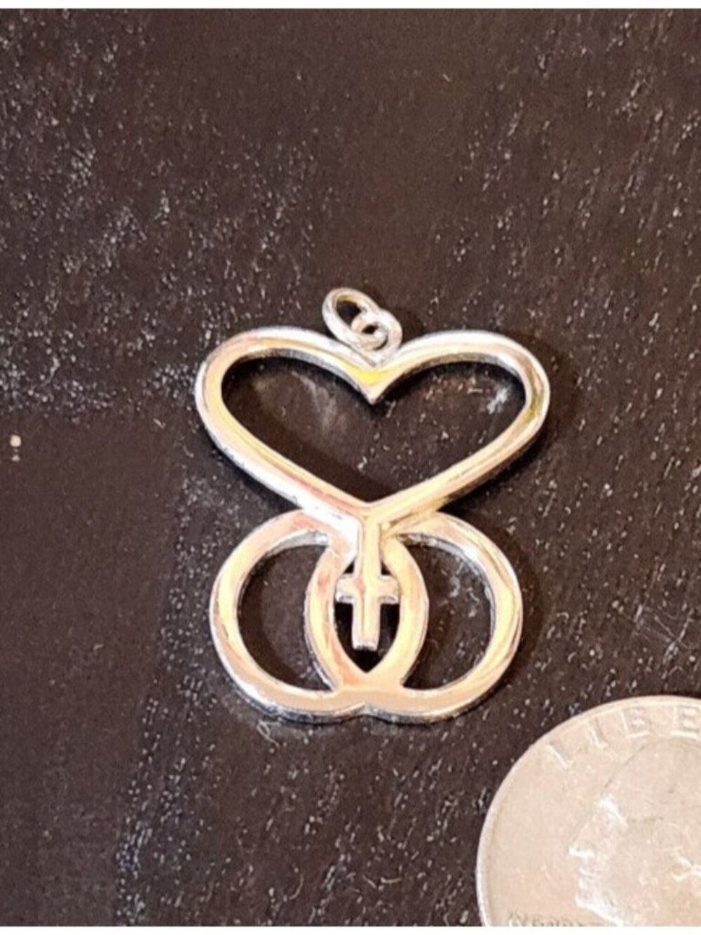 D & C Heart Dual Rings w Cross Sterling Silver Pendant 1" x 1"